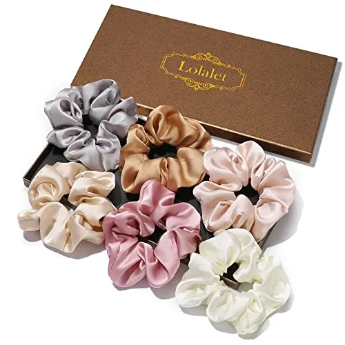  Lolalet Haargummis Seide Scrunchies Satin für Damen, Haargummi Weich Elastisch Silk Skrunschis Groß für Damen Frauen Mädchen 6 Farben -Hellgrau Hellpink Rosa Beige Orange Weiß 6 Stück
