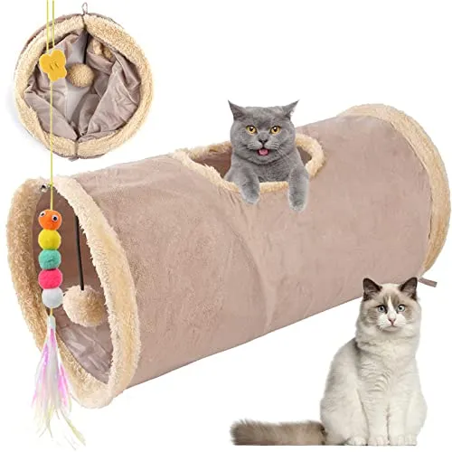 Katzentunnel,Faltbar Spieltunnel mit Spielball,25 * 50cm Katzenspielzeug,Knisternder Rascheltunnel für Alle Katzen Kaninchen Welpen und Kleine Tiere Tunnel Katze(Khaki)
