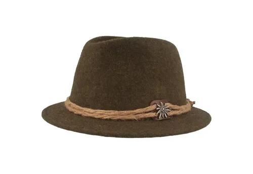 Breiter Trachtenhut mit Edelweiß und Kordel - Größe M - Caps & Hüte, aus 100% Wolle mit Edelweiß und grober Kordel, ideal für traditionelle Anlässe und stilvolle Auftritte.