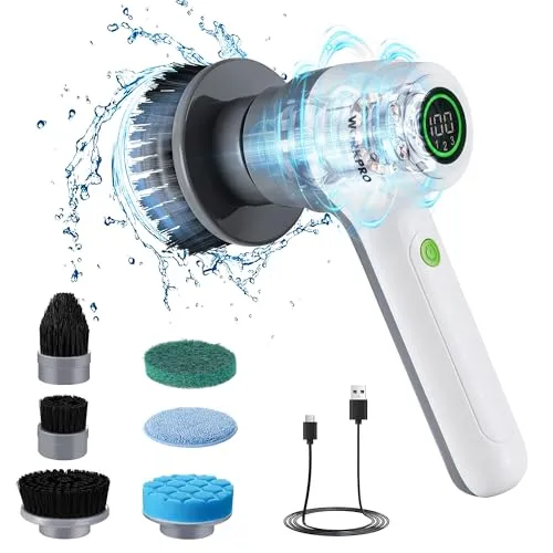 WORKPRO Elektrische Reinigungsbürste 8V, Akku Reinigungsbürste kabellos Spin Scrubber mit 6 Bürstenköpfen & 3 Geschwindigkeiten, Leistungsanzeige, USB-Ladung, für Bad, Küche, Fenster