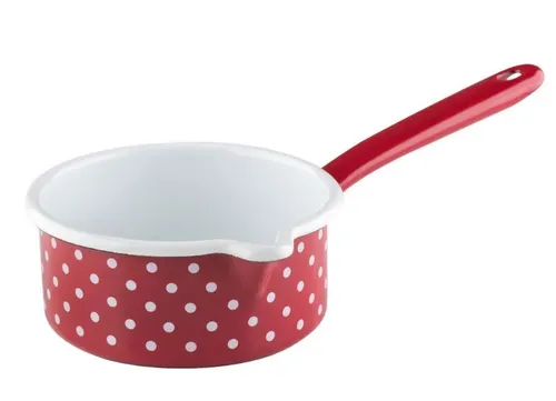 Riess Stielkasserolle mit großem Ausguss 0,75 L - Pünktchen Rot - Milchtopf aus Emaille, ideal für energiesparendes Kochen, geeignet für alle Herdarten und leicht zu reinigen. Perfekt für stilvolle Küchen!