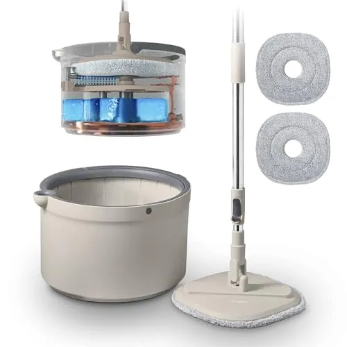 Tower Duo Compact Spin Mop & Eimer Saubere & Schmutzwassertrennung Müheloses 360° Auswringen 2 Wiederverwendbare Mikrofaser Wischpads Latte & Grau