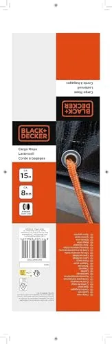 Black&Decker Transportseil mit reflektierenden Elementen 15m - Zubehör für Autoanhänger, sicheres Zurrseil aus langlebigem Nylon mit reflektierenden Elementen für optimale Sichtbarkeit und einfache Aufbewahrung dank Wickelrolle.