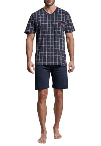Götzburg Herren Shorty - Kurzarm Baumwolle Navy kariert - Schlafanzüge für Herren, aus 100% Baumwolle, leichtes Single Jersey für hohen Tragekomfort und eine legere Passform.