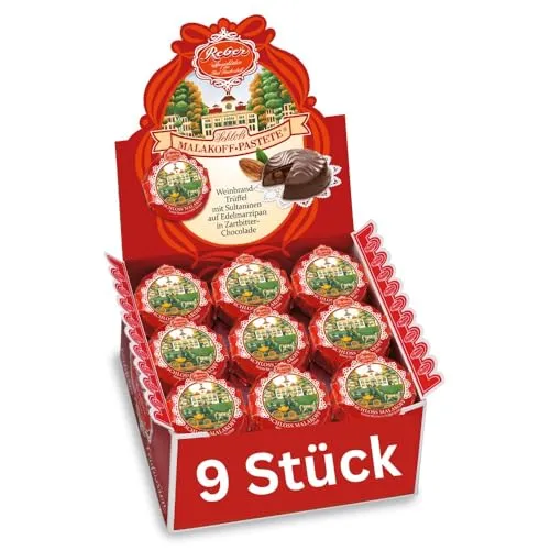 Reber Schloss Malakoff Schokolade Pastete, Weinbrand Trüffel mit Sultaninen auf Edelmarzipan in Zartbitter-Schokolade, 342g (9 Stück)