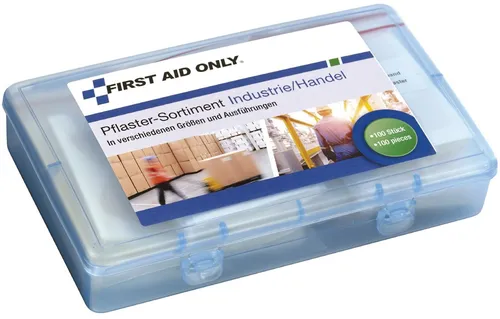 First-Aid-Only Pflaster Pflasterbox, 100 Strips, wasserfest, sensitiv, elastisch, 7 Größen