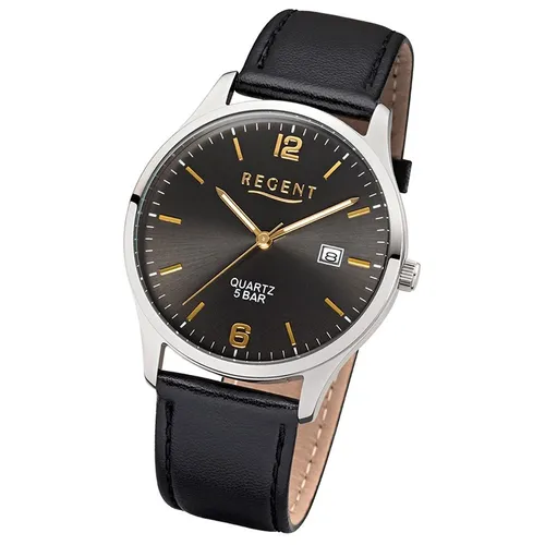Regent Herren Analog Quarz Uhr 11110810 - Elegante Armbanduhr für Herren mit schwarzem Ziffernblatt und goldfarbenen Zeigern. Wasserdicht bis 5 bar, ideal für den täglichen Gebrauch.