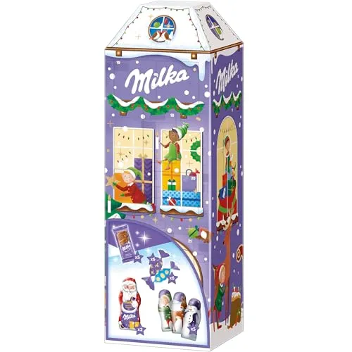 Milka 3D Haus Adventskalender - Sortimentpackungen für Pralinen – festliches Winterhäuschen mit zarten Alpenmilch-Schokoladenfiguren, ideal für die Adventszeit und als süßes Geschenk.