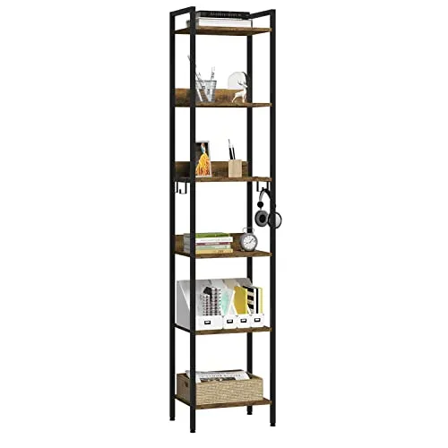 EUGAD Bücherregal mit 6 Ebenen, Standregal industriell, freistehendes Regal, Aufbewahrungsregal für Büro Wohnzimmer Schlafzimmer Küche,mit 4 Haken, Schwarz +Vintage Holzoptik, 40x30x187cm