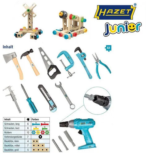 HAZET Schlauchklemmenzange Hazet Junior 14 Spielzeug-Werkzeuge - Kunststoffspielzeug für kreative Kinder, 61-teiliges Set mit HAZET-Design, inklusive Bauklötzen in Holzoptik – ideal für kleine Handwerker ab 3 Jahren.