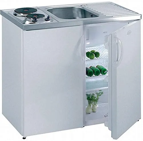 Pantryküche Küchenzeile mit Kühlschrank und Gefrierfach - Kompakte Pantry-Küche mit Kühlschrank und 2 Elektro-Kochplatten, ideal für Studentenwohnheime und Mietwohnungen. Steckerfertig und platzsparend, inklusive Spülbecken aus Chromnickelstahl.