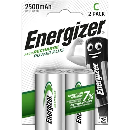 Energizer C-Batterien Recharge Power Plus - 2 wiederaufladbare Akkus mit bis zu 3 Jahren Lebensdauer, ideal für Spielzeug und tragbare Geräte