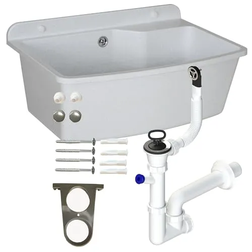 Waschbecken mit Siphon Ausgussbecken aus Kunststoff weißem Granit Farbe, 61 cm Länge hängen Wasserinstallation Küche Badezimmer robuste Waschtrog