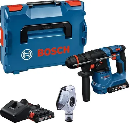 Bosch SDS+ Hammer GBH 18V-18 X 2x2.0Ah mit Absaugung GDE 24 Lb - Bohrmaschine mit ONECHUCK-Futter für vielseitiges Bohren, leicht und leistungsstark mit 1,5 J Schlagkraft, ideal für Profis und Heimwerker.