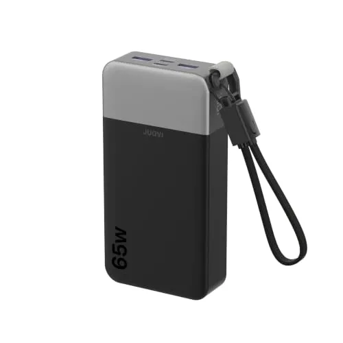 JUOVI Laptop Power Bank, 65W 20000mAh Schnellladung Powerbank | Angebrachtem USB C Kabel, Tragbarer Ladegerät 2 USB-C und 2 USB-A, Externer Akku für Phone Laptop MacBook Tablet Notebook