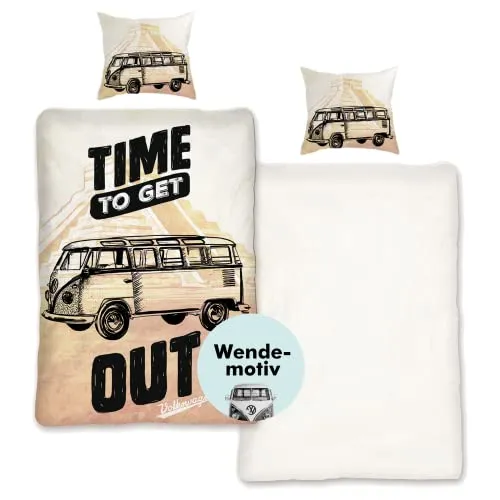 SkyBrands Volkswagen Bulli T1 Bettwäsche Set - Bettwäsche-Set aus 100% Baumwolle in Renforcé-Qualität, ideal für Abenteuerlustige und Oldtimer-Fans, mit inspirierendem