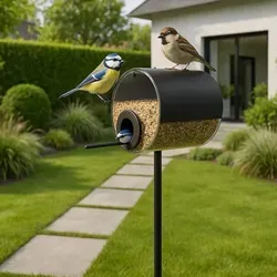 MeLiTec Edelstahl Vogelfutter-Station Fässchen, Vogelhaus schwarz matt, stehend, modernes Vogelhäuschen, Höhe 150cm