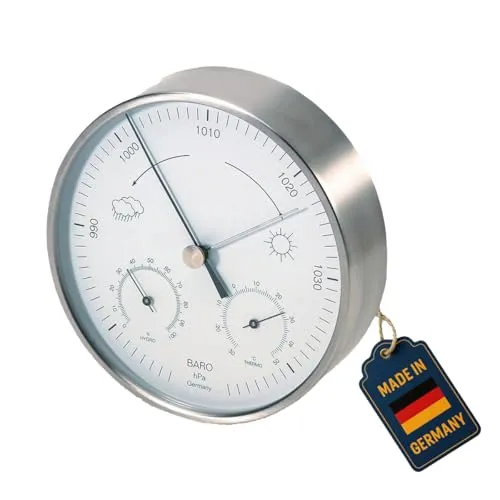 TFA Dostmann Analoge Wetterstation - Hygrometer für Innen und Außen, wetterfest mit Barometer und Thermometer in moderner Edelstahloptik – ganz ohne Batterien!