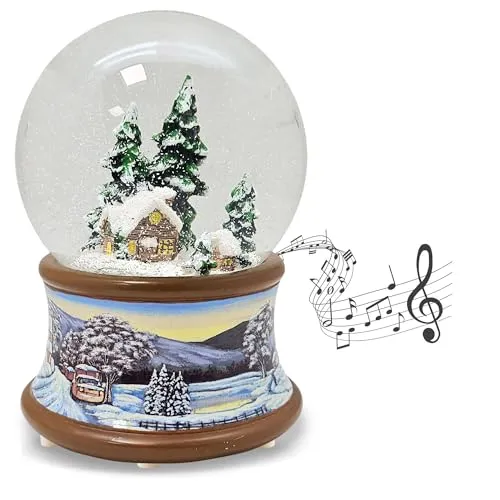 Schneekugel Weihnachten Musik | Hüttenzauber Berghütte Winterhütte | Sockel nostalgische Winterlandschaft braun | Winter mit Spieluhr Stille Nacht | H: 14 cm B 10 cm | 20337
