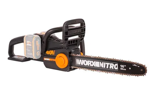 WORX WG385E.9 NITRO Akku Kettensäge 40V - Bürstenloser Motor für Hochleistungsschnitte - Sägen: Hochleistungs-Kettensäge mit 40cm Schnittlänge, bürstenlosem Motor für 50% längere Laufzeit und 18m/s Schnittgeschwindigkeit. Werkzeuglose Kettenspannung und automatische Schmierung für Komfort.