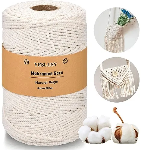 YESLUCY Premium Makramee Garn, 4mm x 200m, Weich und Stark, Macrame Cords für DIY Handwerk, Hängepflanzen, Boho Deko, Blumenampeln, Pflanzenbügel