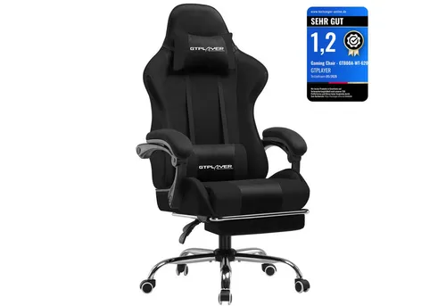 GTPLAYER Ergonomischer Gaming Stuhl mit Fußstütze und Kopfstütze - Schwarz - Bequemer Gaming Stuhl mit ergonomischem Design und atmungsaktivem Stoff. Die Fußstütze sorgt für Entspannung während langer Spielsitzungen. Ideal für komfortables Arbeiten und Spielen.