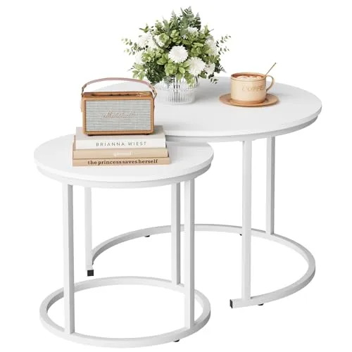 Beistelltisch Set Rund, Couchtisch 2er Set, Sofatische, Couchtisch aus Holz mit Metallrahmen, Living Room Table, Kaffeetisch, Wohnzimmertisch, Tischkombination fürs Wohnzimmer, Balkon, Weiß