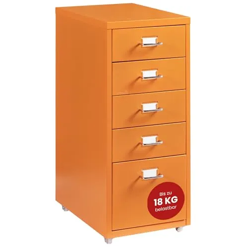[en.casa] Rollcontainer Kökar - 5-Schubladen Aktenschrank aus Metall mit Rollen - Aktenschrank mit 5 Schubladen für optimale Büroorganisation, mobil dank Rollen und robustem Stahl in Orange, ideal für flexibles Arbeiten.