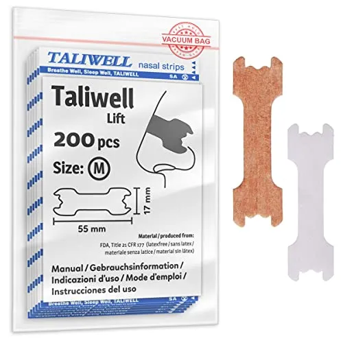 Taliwell Nasenpflaster 200 Stück M Medium, Besser Atmen beim Schlafen, Sport, Schnupfen, Nasenstrips gegen Schnarchen, Anti-Schnarch-Pflaster Stopper