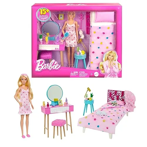 Barbie Schlafzimmer-Spielset - Puppe mit Bett und Schminktisch, inkl. 20 Zubehörteile für kreatives Rollenspiel und süße Geschichten