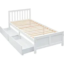 Holzbett Einzelbett weiß 140x200 cm mit Schubladen - Kiefernholz - Klassisches Einzelbett aus robustem Kiefernholz, ideal für jeden Schlafraum. Mit praktischen Schubladen zur optimalen Stauraumnutzung. Minimalistisches Design trifft auf hohe Stabilität.