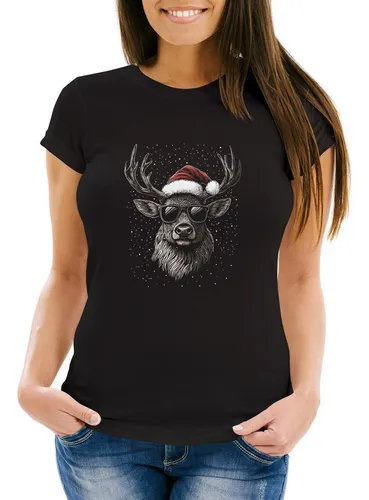 MoonWorks Print-Shirt Weihnachtsshirt Damen Rentier Elch T-Shirt Weihnachten Lustig mit Print