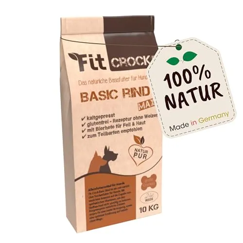 cdVet Fit-Crock Hundefutter trocken Basic Rind Maxi 10 kg, getreidefrei - Getreidefreies Trockenfutter für Hunde mit hochwertigem Rind und Meeresfisch. Ideal für eine ausgewogene Ernährung und unterstützt eine gesunde Gewichtsregulation. Perfekt für die BARF-Pause geeignet.