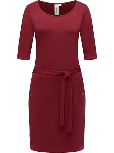Ragwear Damen 3/4-Arm Kleid Midikleid Elegantes Blusenkleid mit Taillenband Kenisha Wine Red Gr. S