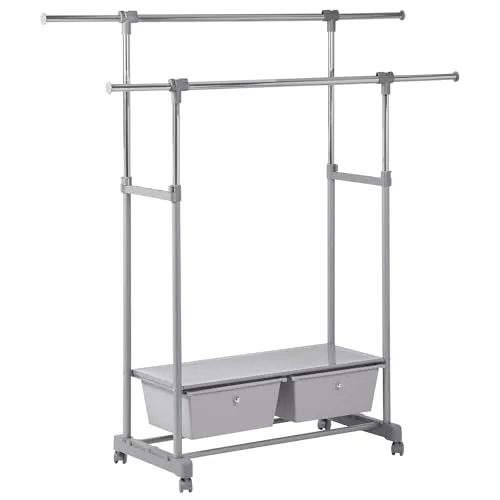 bremermann Kleiderstange mit 2 Schubladen - Rollbarer Kleiderständer für Ordnung - Kleiderständer mit 2 höhenverstellbaren Stangen und 2 Schubladen, perfekt für Ordnung und Mobilität in jedem Raum. Schneller Aufbau und modernes Design in Grau mit Chrom.