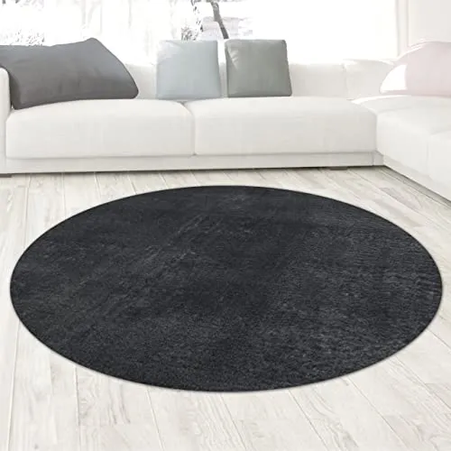 CARPETIA Teppich Shaggy Hochflorteppich waschbar rutschfest grau anthrazit Größe 120 cm Rund