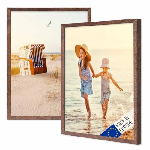 PHOTOLINI Bilderrahmen Holz 30x40 Eiche Dunkel, Holzbilderrahmen Made in EU, 2er Set, bruchsicheres Acrylglas, zum Aufhängen, extra Zubehör - für Ihre liebsten Fotos & Bilder