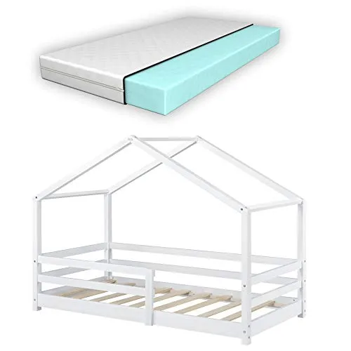 Kinderbett mit Matratze und Rausfallschutz 70x140cm – Bettenhaus aus Kiefernholz - Kinderbetten: Stabil und in Haus-Optik, inklusive orthopädischer Kaltschaummatratze für optimalen Schlafkomfort und Unterstützung.