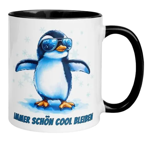 Pinguin Tasse | Immer schön cool bleiben | Lustige Kaffeetasse mit Spruch & Tiermotiv | Witziges Geschenk für Büro Arbeit Geburtstag | Becher für Frauen Männer Kollegen Freund Freundin