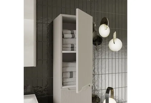 Karen Badmöbel-Set Hochschrank Bella, (Optionaler Hochschrank, 1-St., Hochschrank mit Türen & Regalen), Kaschmirbeige, Riffeloptik, Griffmulden, Softclose