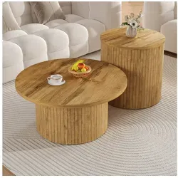 REDOM Couchtisch Couchtisch-Set 75x36x75 cm + 50x50,5x50 cm – natur, MDF (Packung, 2-St., Ein runder Haupt- und ein zweiter runder Couchtisc), Beistelltisch mit Naturholzlatten,mit Ablagefächer beige 75 cm x 36 cm x 75 cm