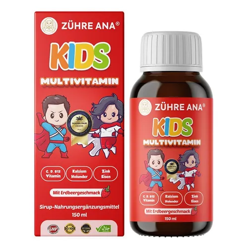 Zühre Ana® KIDS Multivitamin Sirup - Starkes Immunsystem - Multivitaminsirup für Kinder (150 ml) mit Erdbeer-Geschmack, unterstützt das Immunsystem mit wichtigen Vitaminen und Mineralien, glutenfrei und ohne Zusatzstoffe.