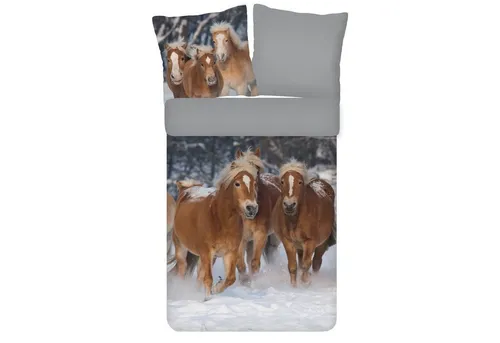 ESPiCO Kinderbettwäsche Pferde Flanell - Bettwäsche-Set aus kuscheligem Flanell für kalte Winternächte, mit traumhaften Pferdemotiven und harmonischer grauer Abseite.