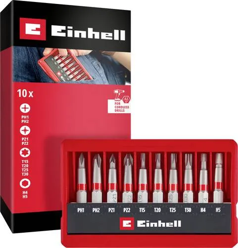 Original Einhell Bit-Set 10-tlg. (50-mm-Bits PH/PZ/T/H, sandgestrahlter S2-Stahl, E 6.3 Schaft, Taschenkassette mit Aufstellfunktion)