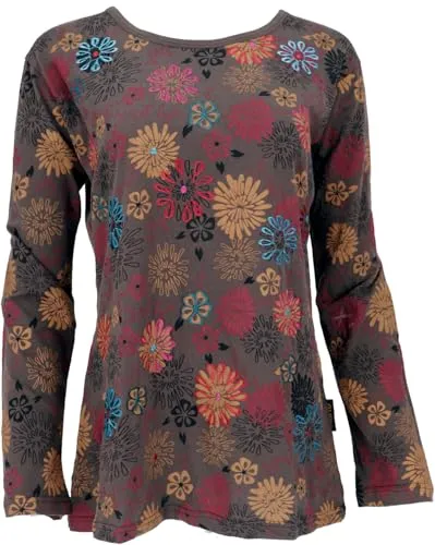 GURU SHOP Besticktes Langarmshirt Hippie Chic Retro - Braun, Damen, Size:M
