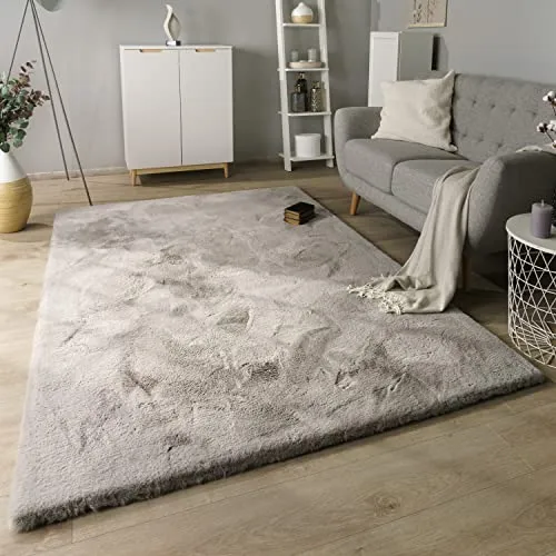 Paco Home Hochflor Teppich Wohnzimmer Schlafzimmer Modern Flauschiger Fellteppich Fell Imitat Kunstfell Langflor, Grösse:60x100 cm, Farbe:Grau