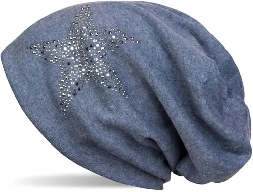 styleBREAKER Damen Slouch Beanie Mütze mit Strass Stern | Glitzer Longbeanie aus weicher Viskose | One Size für Erwachsene, Farbe:Jeansblau meliert