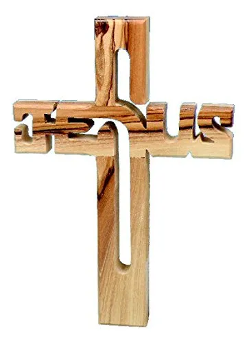 MaMeMi Kreuz JESUS aus OLIVENHOLZ – handgefertigt in BETHLEHEM – modernes HOLZKREUZ mit integriertem SCHRIFTZUG „JESUS“ – christliche DEKO & GESCHENK zur KOMMUNION, TAUFE, FIRMUNG