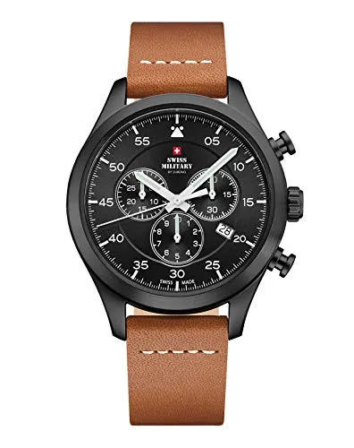 Swiss Military by Chrono Herren Uhr Chronograph Quarzuhrwerk mit Lederarmband Analoge Herrenuhr Armbanduhr Schwarz SM34076.08