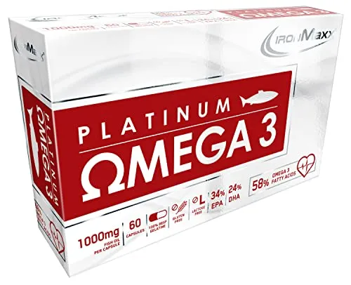 IronMaxx Platinum Omega 3-60 Kapseln | Hochdosierte Omega-3-Fettsäuren EPA & DHA | Unterstützt normale Herzfunktion und Gehirnfunktion | Gluten- & Laktosefrei
